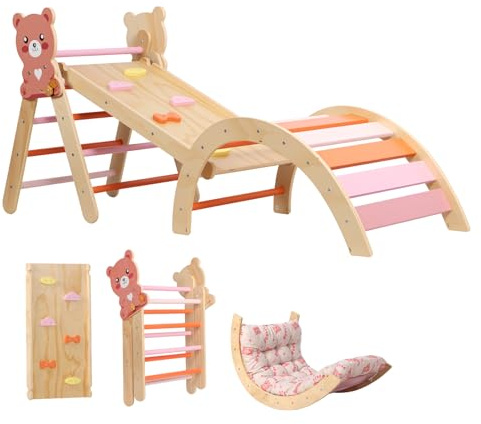 Panana Baby Toddler Climbing Frame, Foldable Wooden Toddler Climbing Toys Indoor,Montessori Climber Indoor Set with Arch, Ramp, Ladder (Bear in 166cm Length, With Cushion)