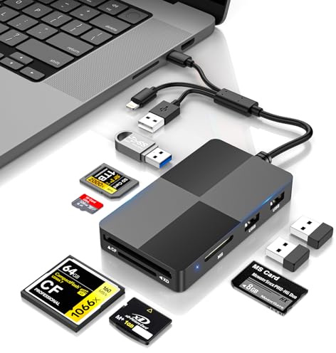Rovurna 8-in-1 USB C Memory Card Reader for CF SD TF XD Memory Stick Pro Duo Micro SD Cards, Compact Flash Card Reader with 3 USB 2.0 Ports for iPhone, MacBook, Windows & Android