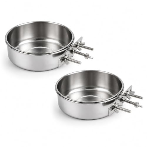 2 Pcs Hanging Pet Crate Bowls, Stainless Steel Food Bowl Water Bowl | Hanging Pet Bowl for Kennel Cage Crates with 3 Bolt Holder, Pet Dog Bowl for Dog Cat Rabbit Cage (12 & 16cm)