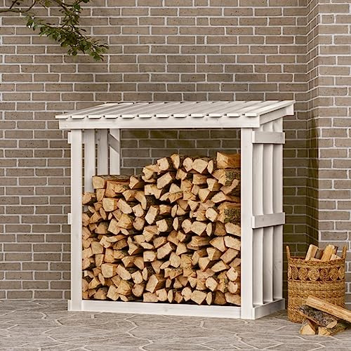 Ordellia Estantería para leña de madera de pino maciza, color blanco, 108 x 64,5 x 109 cm, soporte para leña para almacenamiento, almacenamiento, organización, terraza, jardín, sótano, garaje, madera