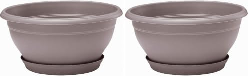 Poétic- Coupe Pot de Fleurs - Coupe Ronde d'extérieur avec Soucoupe clipsée - Coupe pour Composition - Coloris Taupe - Ø25,4 x H12,5 cm - en Plastique recyclé (Lot de 2)