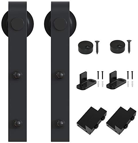 WINSOON Schwarzes antikes Kleiderbügel-Set mit Bodenführung/Türstopper/Schraube/Anti-Sprungblock, Schiebetür-Hardware-Kleiderbügel, Rollen, 2 Stück (J-förmiges Biegedesign)