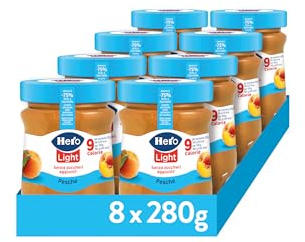 Hero Light Confettura di Pesche Senza Zuccheri Aggiunti, 8x280g | Marmellata light, confettura extra, pochissime calorie, frutta alta qualità, senza conservanti, senza coloranti, colazione