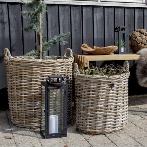Rattankorb BAKUL rund Grey 30cm Durchmesser mit Griffen Pflanzkorb Inlay Aufbewahrungskorb Korb