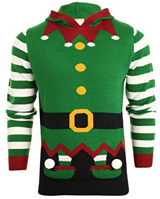 Xact Herren Kapuzen-Weihnachtspullover - mit Elfen, Weihnachtsmann oder Rentier Motiv (Elf - Green) XL