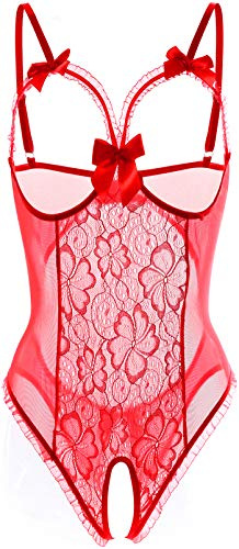 Lingerie for Women Sexy Teddy One-Piece Lace Babydoll Bodysuit Nightie Plus Size, Red, Large