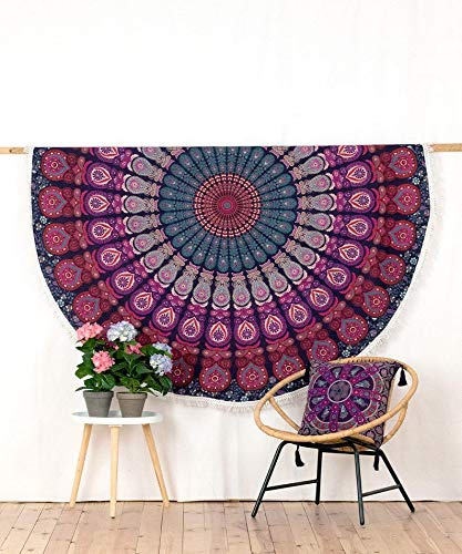 AVA Collections Großer runder Wandteppich aus Baumwolle, Mandala-Motiv, Meditationsmatte, Picknick-Matte, 183 cm (J)