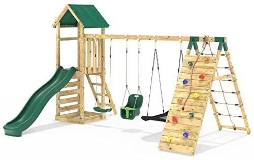 Rebo® Children's Challenge Wooden Climbing Frame with Swings, Slide and Up and Over Climbing Wall - Sandford | OutdoorToys | Sturdy Wooden Construction, Pressure Treated Timber
