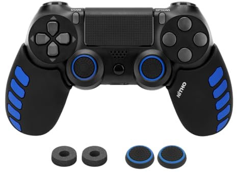 NiTHO Gaming Kit para Mando de Playstation 4, Incluye Mangos de Silicona Antisudor, Anillos de Precisión, Empuñaduras para Pulgar, Mejora el Control y la Precisión del Juego para PS4 - Azul/Negro