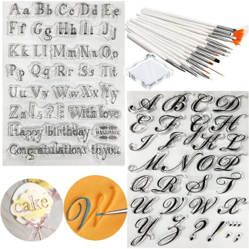 Lanfly Alfabeto per Torte Torta Timbro Strumento Biscotto Fondente Maiuscole Lettere Minuscole Forma Stampo Set con Intaglio Pennello 18 Pezzi
