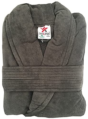 Stars and Stripes Organic Ecological Sustainable Charcoal Grey Cotton Velour Terry Bathrobe (S/M)