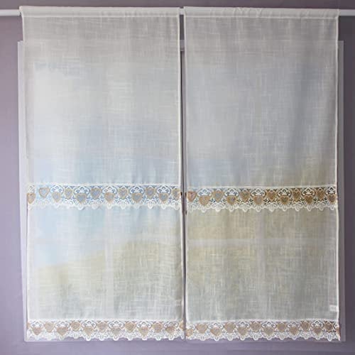 FYJS Coppia Tendine Finestra Cucina in Lino-Poliestere Tenda Pizzo Micrami Ricamato Cuore Morderna Tendina a Vetro 60X150cm Lino White Pizzo a forma di cuore