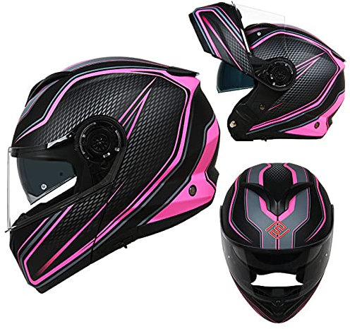 Motorradintegralhelm mit integrierter Sonnenblende und klappbarem Visier Motorradhelm Klapphelme Adult für Damen Herren Sturzhelm ECE Genehmigt Rollerhelm,Pink Phantom,L 57~58cm