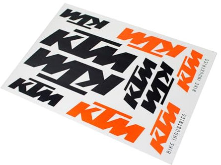 KTM Sticker Aufkleber, Maße 17,2 x 24,8 cm, Bike Industries Logo auf Bogen, Rahmen Aufkleber, Wasserfest, Fahrrad, E-Bike, Rennrad, Orange/Schwarz, 10 Stück