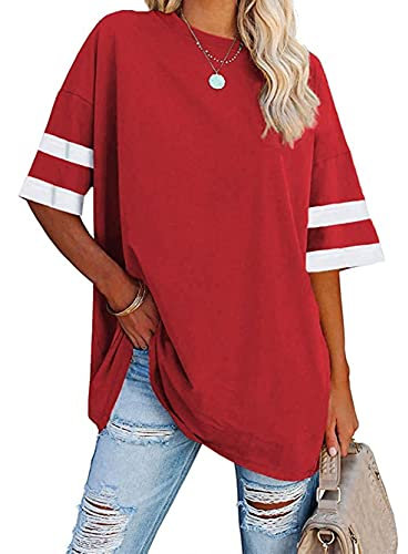 Famulily Ladies Long Tshirt Tops Crew Neck Simple Patchwork Baseball Tee Shirt Tops Red L
