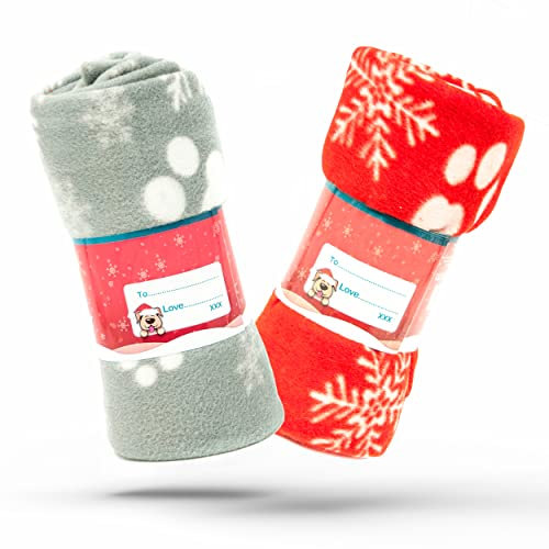 2 X Christmas Dog Blankets Washable Snowflake Paw Prints Dog Pet Blanket for Cat Soft Warm Dog Fleece Puppy Cat Blanket (100cm X 120cm, RED and GREY (Pack of 2))