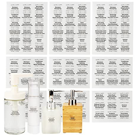 108 Stücke Wasserdichtes Badezimmer Etikett Aufkleber für Spender Flaschen Bauernhaus Etikette Shampoo Handseife Gesicht Waschspender Lotion Shampoo Conditioner Zubehör Aufkleber, EN DE FR Sprachen
