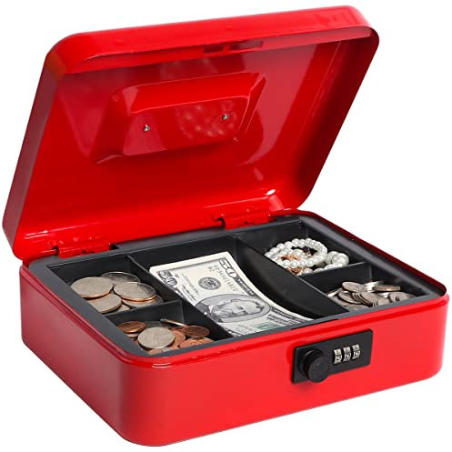 Caisse à monnaie avec serrure à combinaison, tirelire en métal pour espèces, Lovndi Lock Box avec plateau à billets, 24 x 20 x 9 cm, rouge