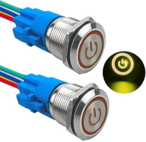 Aiqeer 2 Stück 19 mm Rastend Druckschalter, 12V / 24V 5A Auto Zündung Starter Schalter, IP67 Wasserdichter Edelstahl Druckschalter, mit Vorverdrahteter Steckdose (Gelb LED)