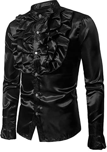 Men's Shiny Design Long Sleeve Dress Shirts Slim Fit Business Button Down Ruffle Shirts Luxury Party Dress Shirt (Black, Large)