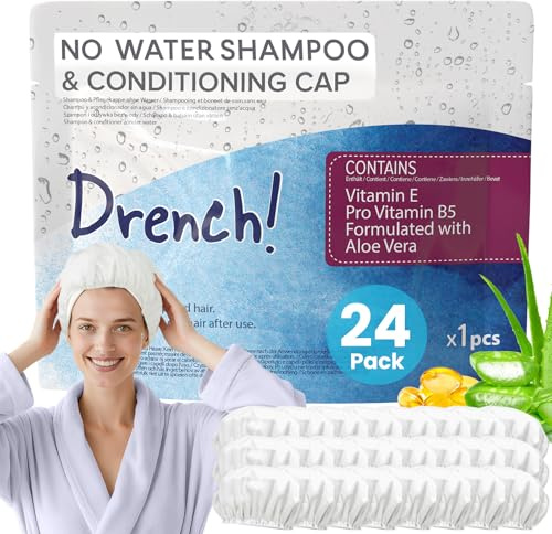 Drench! Medical No Water Rinse Free Shampoo Caps [24-Pack] - Waterless Shampoo and Conditioner - Dry Hair Wash Caps for Elderly or Bedridden - Contains Aloe Vera, Vitamin E and Provitamin B5