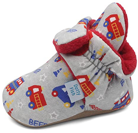 Dotty Fish Botas de Bebé de Algodón Orgánico con Forro de Lana. Pantuflas Ajustables. Suela Suave Antideslizante. Patucos Zapatos. Gris con trenes y coches. 12-18 meses
