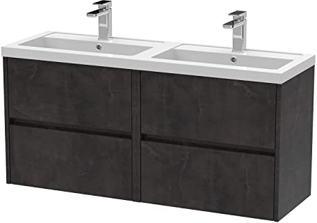 Hudson Reed HAV2604C Havana Modern Bathroom Wall Hung 4 Drawer Vanity Basin Unit & Double Polymarble Basin, 1200mm, Matt Metallic Slate