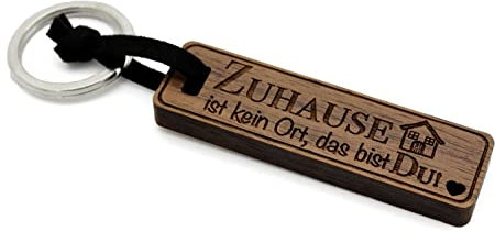NaturSchatulle Schlüsselanhänger aus Holz mit Gravur Zuhause Nussbaumholz mit Edelstahl Schlüsselring Band Schlüsselbund Geschenkidee