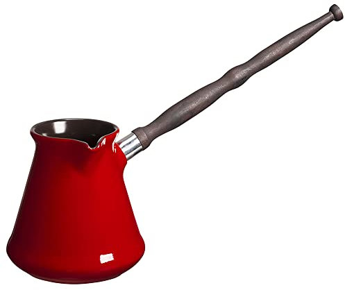 Ceramic Turkish Coffee Pot 500 ml (16.91 oz) Cezve Ibrik Briki Turka Classic, Red Color, with Removable Wooden Handle for Gas Electric Hobs