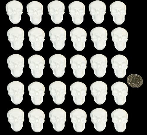30 x edible 3D skulls halloween, icing toppers, cake cupcakes decorations (Ice White)