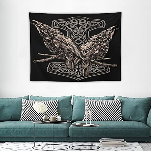 LDZDGD Wikinger Wandteppich, Nordische Mythologie Totem Runen Symbol Tattoo Wandbehang Dekor Wandteppiche für Schlafzimmer Wohnheim Wohnzimmer (Color : Raven A, Size : 75 x 100CM)