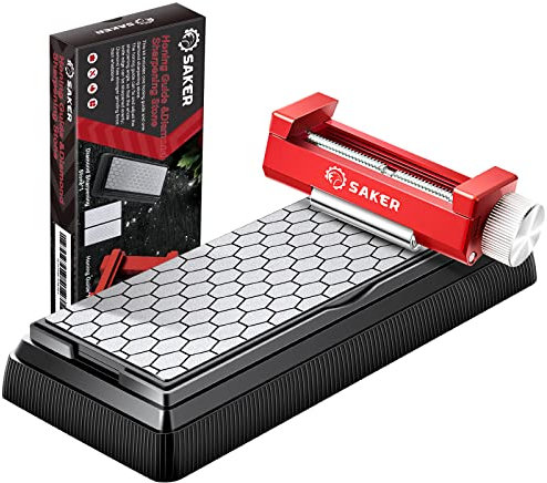 Saker Honing Guide with Whetstone - Red Off-Center Upgraded Honing Tool and Diamond Sharpening Stone Set Kit for Kitchen Knife, Short Chisels and Planes, Fine/Coarse Plate, 400/1000/Grit