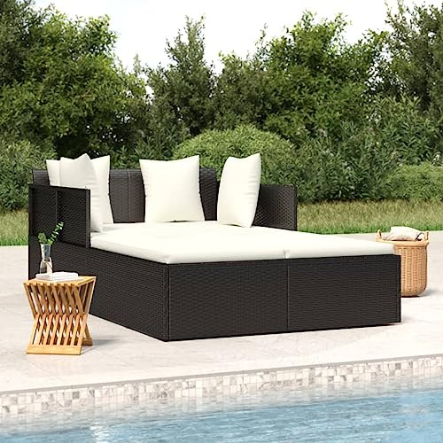 Homgoday Gartenliege für Doppelbett, mit 2 Kissen, für 2 Personen, balinesisches Rattanbett, für den Außenbereich, Garten, Terrasse, Veranda, 182 x 118 x 63 cm, Schwarz