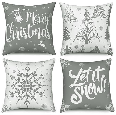 Kissenbezug Weihnachten 45x45 4er Set, Hnmdmyi Frohe Weihnachten Baum Schneeflocke Bauernhof Winter Urlaub Dekorative Kissenbezüge Grau Leinen Kissenhülle für Sofa Couch Bett Garten Outdoor Home Decor
