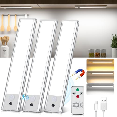 TOPPLEE Luz de Armario, 3 Piezas Luz Nocturna con Control Remoto, 3000K-6500K Regulable Lampara LED con Sensor Movimiento, USB Recargable LED Armario para Gabinete, Cocina, Escalera, Pasillo