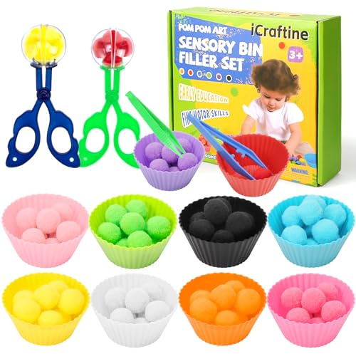 iCraftine 114 piezas de relleno sensorial de habilidades motoras finas, incluye 10 cuencos de clasificación, 100 pompones, 2 pinzas, 2 tijeras de cuchara para la educación temprana de los niños