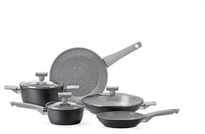 Batteria di Pentole 8 Pezzi Antiaderente Induzione in Alluminio Effetto Pietra Moneta Opale Stone Grey
