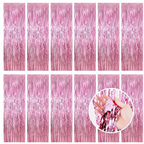 12 Pcs Pink Metallic Tinsel Foil Fringe Curtains, 3.3ft x 8.2ft Tinsel Streamers Backdrop Door Curtains Hanging Streamers for Birthday Wedding Christmas Party Supplies(1m x 2.5m)