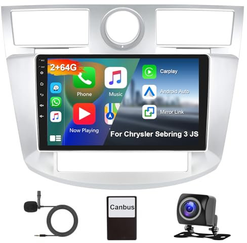 Hodozzy 2G+64G Radio para Chrysler Sebring 3 JS 2006-2010 Carplay Android Auto, Android Pantalla Coche 2 DIN 9 Pulgadas con GPS WiFi Bluetooth Mirrorlink Canbus,FM RDS HiFi Radio para Chrysler+Cámara