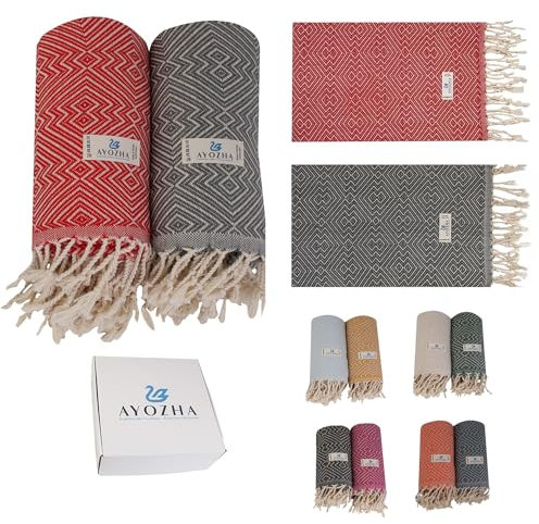 AYOZHA 2er Set Luxus Hamamtuch XXL 180x95 cm - 100% Baumwolle Schnelltrocknend Sandfrei vorgewaschen kompakt - Perfekt für Strand, Sauna, Picknick und Reise (Rot - Grau)