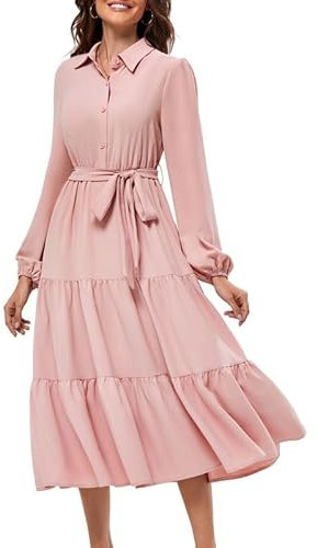 JASAMBAC Women Dresses, Button Down Shirt Dress Long Sleeve Casual Dresses Collared Tiered Dress Polo Neck Midi Dresses Ruffle Pleated A Line Elegant Dresses Flowy Dress with Pockets Gray Pink