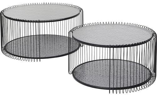 Kare Design Couchtisch Wire Double Bubble 2er Set, Schwarz, 63cm Durchmesser, Sicherheitsglas, Wohnzimmertisch, Stahlgestell, Tischplatte aus Glas, Wohnzimmer, Rund, 34x70x70 cm (H/B/T)