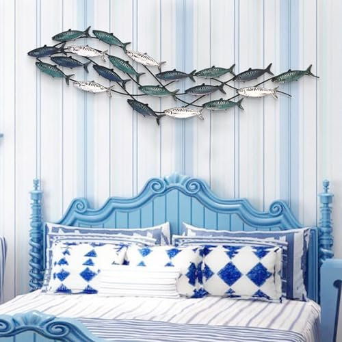 Küsten-Ozean-Metallfisch-Wanddekoration, große 3D-Fisch-Wandskulptur, maritimes Metall-Hängedekor, Schule von 20 Fischen, Wandkunst für Wohnzimmer, Schlafzimmer