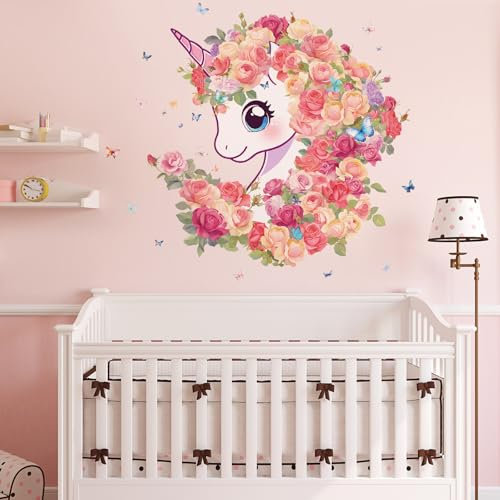 SHUCHING Einhorn Blumen Wandsticker, Rosa Rose Blumig Wandaufkleber Wandtattoos für Wohnzimmer Schlafzimmer Wanddeko DIY
