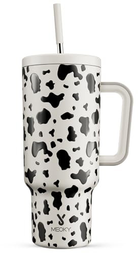Meoky 1182ml/40oz Thermobecher mit Strohhalm und Griff, Doppelwandiger Edelstahl Vakuum Kaffeebecher to Go, 100% auslaufsicher, für Kalte und Heißer Getränke (Kuh)