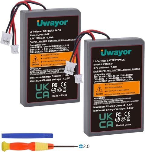 Uwayor Batteria per controller PS4, 2 batterie PS4Pro, 2000 mAh, per Sony Playstation 4 Dualshock 4 V1 V2, CUH-ZCT2 CUH-ZCT2E CUH-ZCT1E CUH-ZCT1U con attrezzi