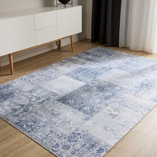 benuta Basic Waschbarer Teppich George - Blau 200x300 cm - Kunstfaser - Rechteckig & im Style: Vintage, Ethno-Style, Shabby Chic - Pflegeleicht für Wohnzimmer Schlafzimmer