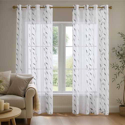 Deconovo Voile Vorhang Transparent Gardinen mit Ösen Wohnzimmer Gardinenschals Dekoschal Lichtdurchlässig Vorhänge Schlafzimmer, 183x140 cm, Grau, 2er Set