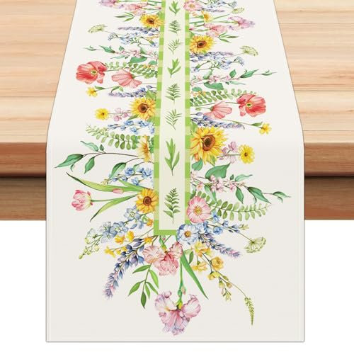 Bonhause Tischläufer Bunte Wildblume Tischläufer Frühling Blume Blätter Pflanzen Küche Esstisch Dekoration für Drinnen Draußen Urlaub Party Waschbar Wohnkultur Tafeltuch (33 x 183 cm)