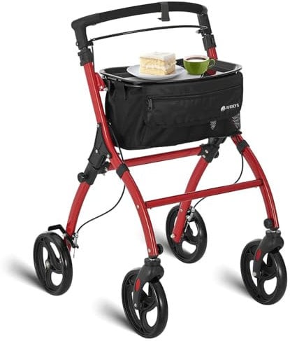 Juskys Aluminium Wohnungsrollator Aktiv mit Transporttasche & Tablett - Indoor Rollator schmal, leicht & faltbar - Gehhilfe für Senioren - Rot